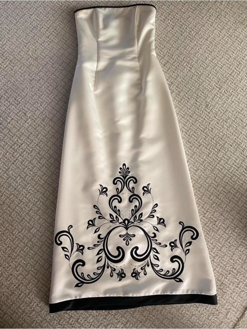 Jessica McClintock Ivory Strapless Satin Dress with Black Scroll Embroidery